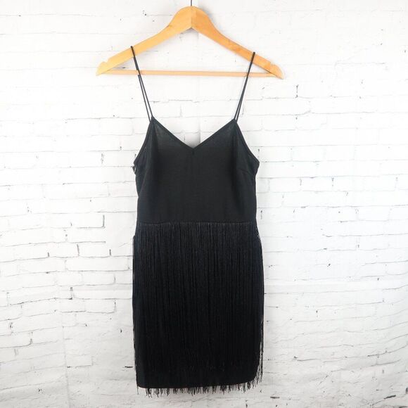 SHEIN BLACK SPAGHETTI STRAP V NECK MIDI FLAPPER FRINGE DRESS SIZE SMALL - Picture 1 of 7
